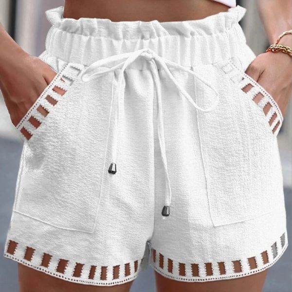Хлопковые льняные шорты из брюки с твердым цветом тонкий полый дизайн отделка карманная плотная талия пляжная одежда белая одежда 240510