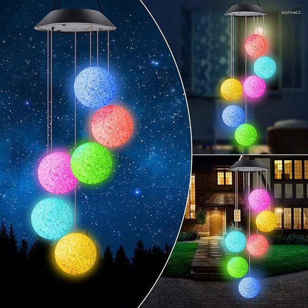 Estatuetas decorativas Rice LED Ball Solar Lamp Wind Wind Wind Chime Outdoor Impermeável Luz colorida de rolinhos pendurados para o jardim de casas