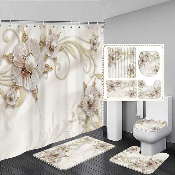 Занавески для душа роскошная модная жемчужная букет занавеска элегантная бриллиантовая фэнтезийная 3D -стиль полиэфирные шторы для ванны набор домашний декор для ванной комнаты