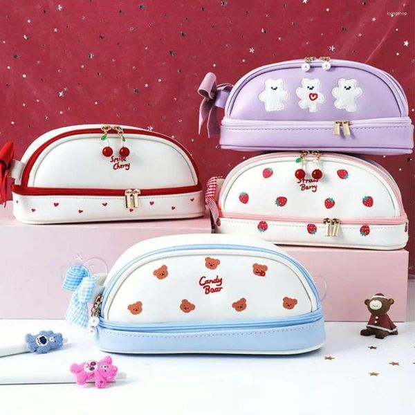 Kawaii Portable Cherry-camada dupla camada de grande capacidade de morango bolsa de papelas de papelaria estudantil