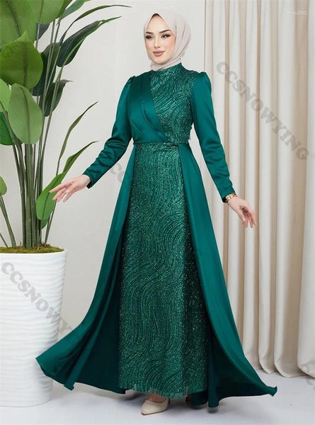 Partykleider Satin Paillette Langarm Muslim Abend hoher Nacken Hijab Prom Formal Gown Islamic Women Eine Linie marokkanischer Kaftan