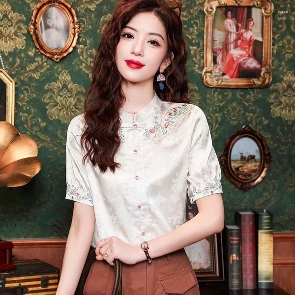 Blusas femininas cetim camisa chinesa bordando bordado de verão vintage solto mangas curtas mulheres tops roupas de moda ycmyunyan