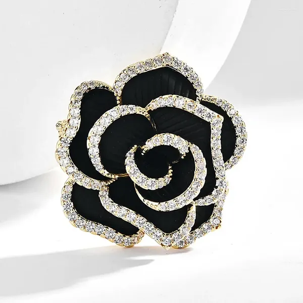 Brocos de broche elegante para mulheres zircão preto Camellia Corsage