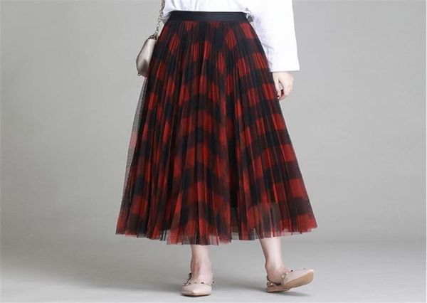 Winter Vintage Plaid place plissierte Maxi Lange Tüllröcke elegant rotes grün prüfen Tartan Aline Knöchel Langes Mesh -Rock4871403