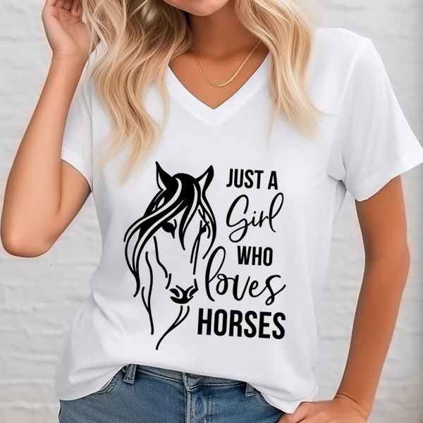 Frau T -Shirts nur ein Mädchen, das Pferde bedruckt T -Shirt Vneck Horse Lover Shirt Riding Summer Short Clothes Top Frauen 240510