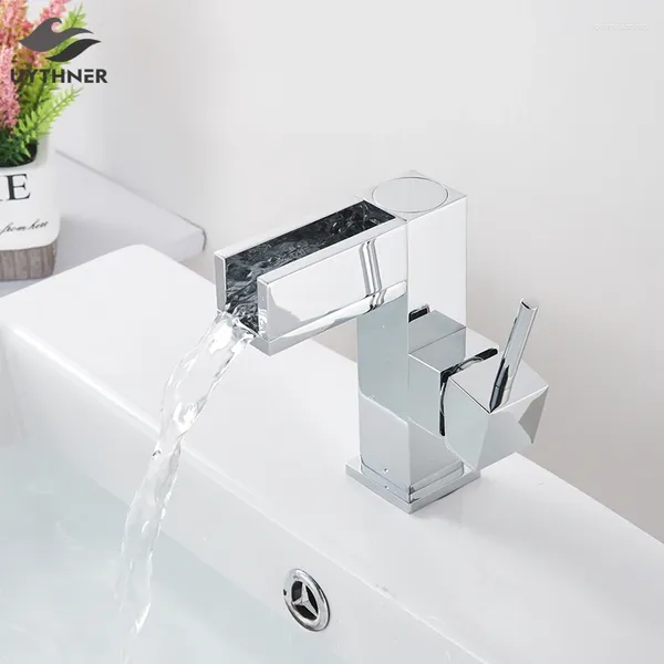 Banyo Lavabo Muslukları Havzası Modern Krom Musluk Şelalesi Tek Delik Soğuk ve Su Karıştırıcı Musluk Muslukları