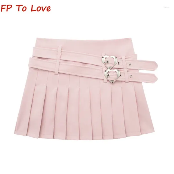 Röcke OOTD Pink Sweetie Stylish Love Button Doppelgürtel Plissee Mini Schwarz A-Line Streetwear Young Musikfestival Culottes Culottes