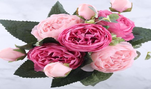 Flores artificiais de seda rosa de 30 cm rosa buquê 5 de cabeça grande e 4 bud flores falsas baratas para decoração de casamento em casa Indoor 309311686