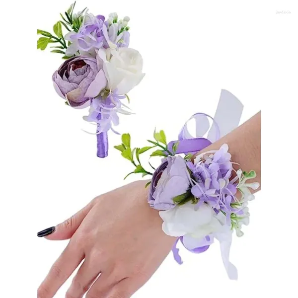 Fiori decorativi 1pc Floro da polso o corde artificiale Rosa bianca di peonia viola per groomsman spose arredamento per feste di nozze