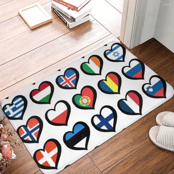 Teppiche Eurovision Songwettbewerb Flaggen Herzen Fußmat Teppich Teppich Matte Fußpad Polyester Staub-Proo-Eingang Küche Balkon Toilette