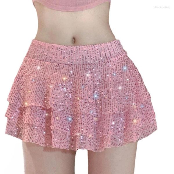 Röcke würziges Mädchen sexy kurze Rock Frauen 2024 Nachtclub Stahlpfeife DJ Pink Pink Multi -Layered Ruffle Edge kleine Schwung