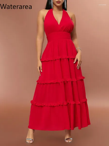 Abiti casuali WaterArea Autunno senza maniche a V Deep-Neck Ruffles Hem Maxi Dress per donne Sexy Wortless Party Red Vestidos