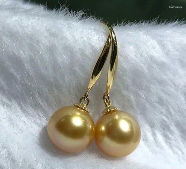 Dangle Ohrringe Wunderschönes riesiges Paar 9-10 mm rund Südsee Golden Perle Ohrring 14k Gelbgold