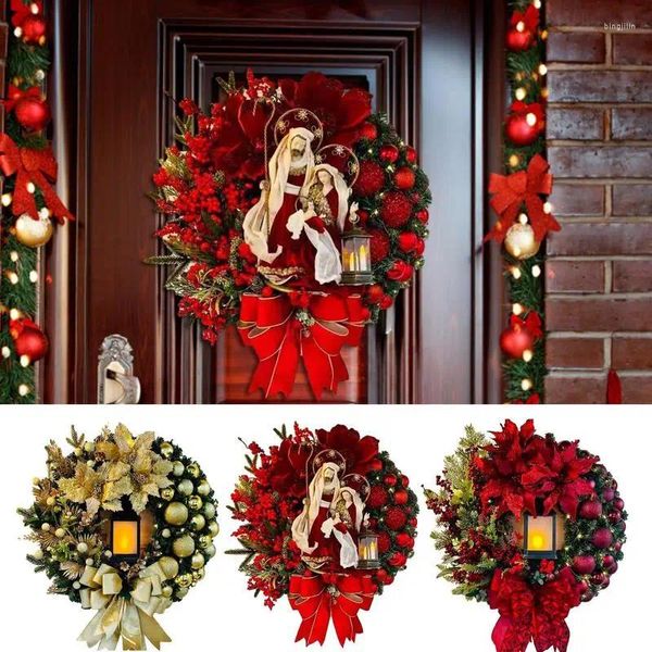 Flores decorativas Lâmpada LED Christmas Wreath Porta da frente Garland com grande decoração de ornamentos sazonais de arco para lareira de parede