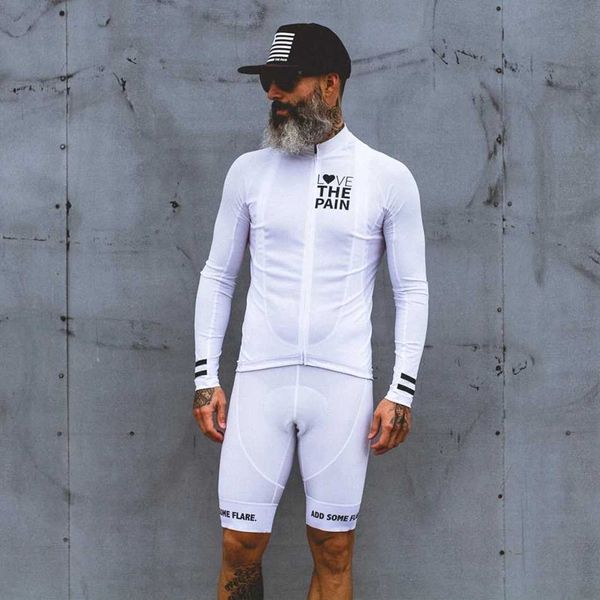 Tops Tops Tees Love the Pain White Cycling Jersey Suit USA Ciclismo Team Clothing 2022 Mens camisa de manga longa Avental Shorts Road Bicycle Three Conjunto MTB Q240511