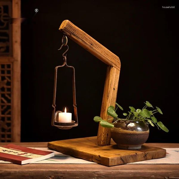 Titulares de vela Titular de madeira lanterna metal transparente ferro budista criativo Candelas de madeira Candelabros Kaars