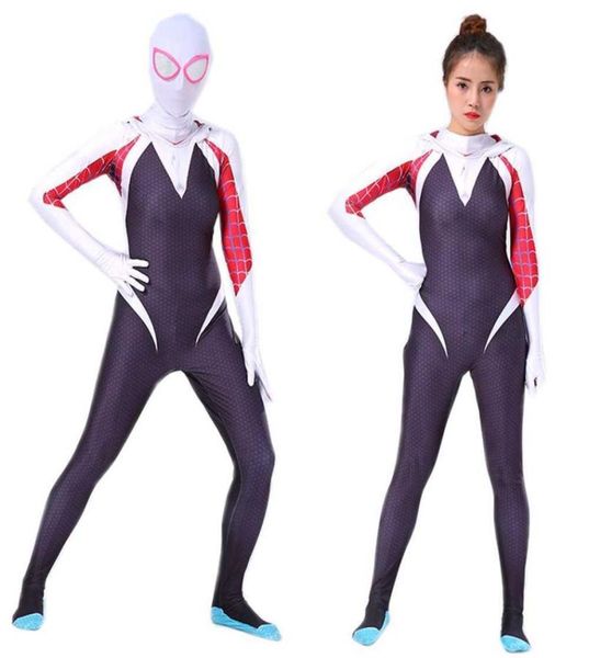 Bazzery Spider Gwen Costume Stacy Cosplay Hoodie Zentai nella tuta per la pelle per bambini per adulti Spiderverse Suit di Halloween Cosplay G0921877402