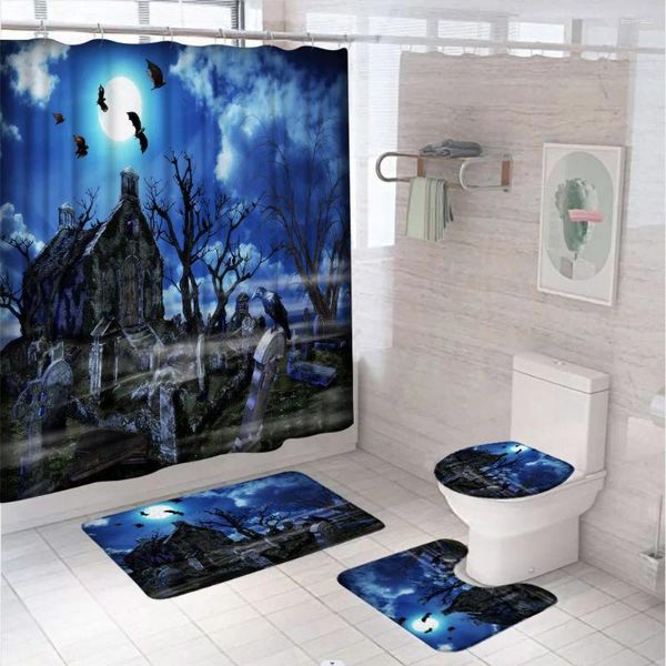 Tende per doccia 4pcs horror Halloween Crow Cemetery Set BAT Castle Tree Moon Schermo non slip tappetino da bagno Non slitta