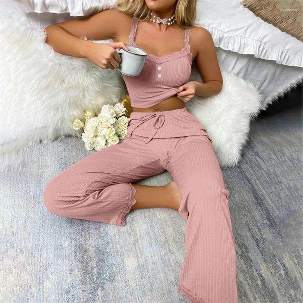 Damen zweisteuelhafte Hosen Frauen Pyjama Set Elegant Spitze beschnittener Sommer mit Kordelstring Tank Tanktop Top Homewear Lounge Keeing