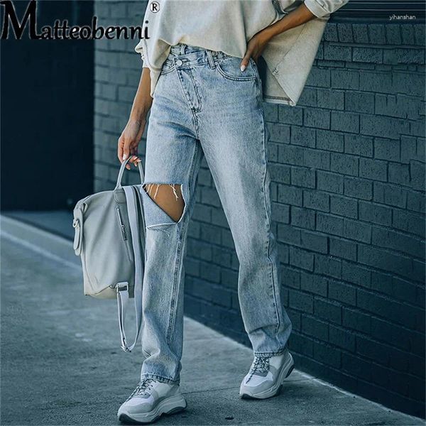 Женские джинсы 2024 Женская мода с высокой талией с большой разорванной дырой повседневная уличная джинсовая брюки сексуальные винтажные прямые
