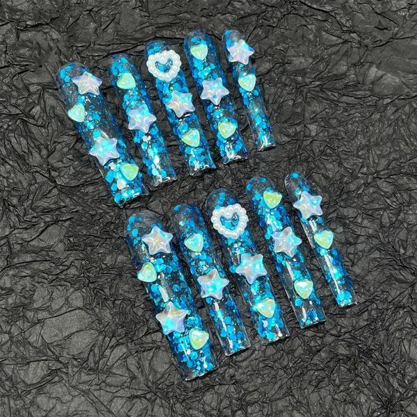 Party bevorzugt 10 PCs extra lang blaues Glitzer Meeresstil handgefertigter Presse auf Nails Star Heart Charms Decor Luxus wiederverwendbares Klebstoff Acryl -Tipps