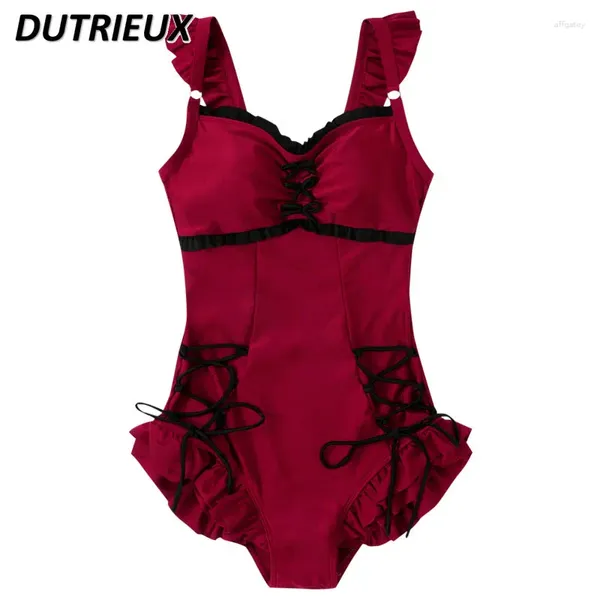 Swimwear's Swimwear Retro Red Girl Lolita One Piece Swimsuit Female Dlessicing Pure Desire Desire Student Bareding Abito da bagno per donne