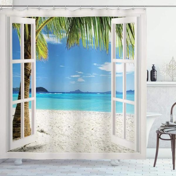 Cortinas de chuveiro cortina turquesa Tropical Palm Trees Island Ocean praia Praia janelas de madeira de madeira decoração de banheiro com ganchos azul verde