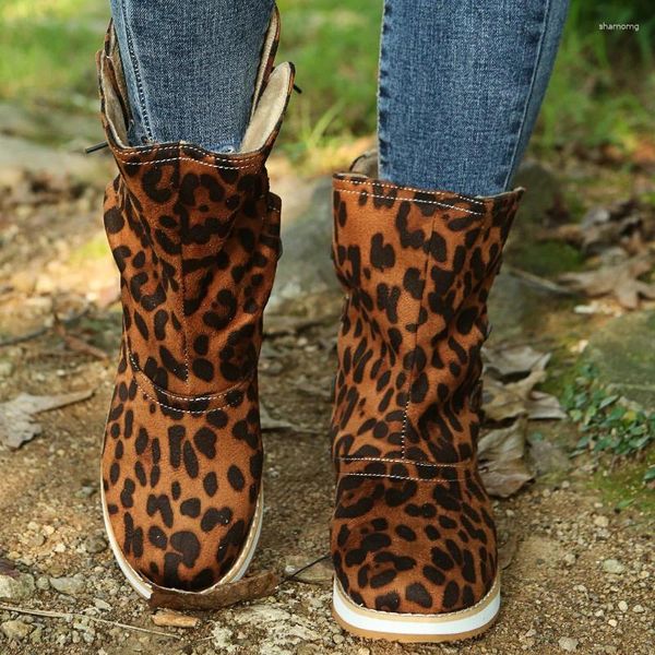 Boots Fashion Leopard Print of Women Platform Slip-On Bare Lace-Up Botas Mujer Women Winter