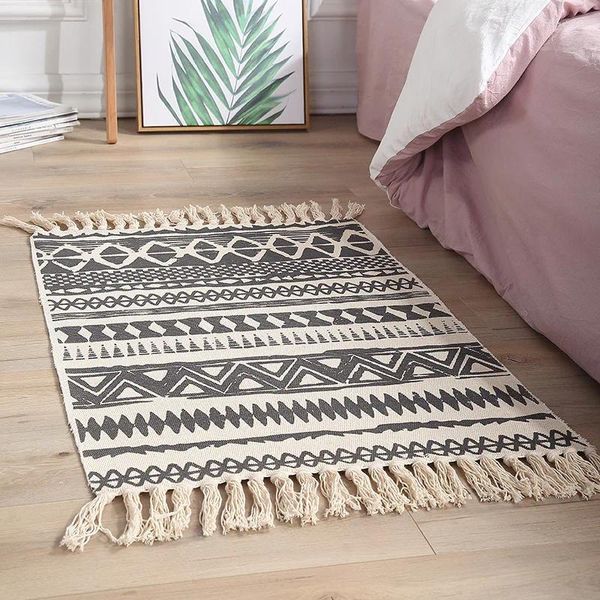 Teppiche 60x90 cm Fashion Bohemian Fläche Teppich Baumwolle Wäsche handgewebtes geometrisches Quasten -Heimteppich weicher Tisch Läufer Türmatte Dekoration