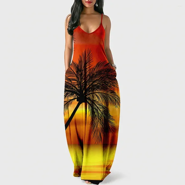 Lässige Kleider jugendliche schöne Sommer Frauen Kokosnussbaum -Landschaft 3D -Druck sexy losen Schlupfkleid Party Lange Robe