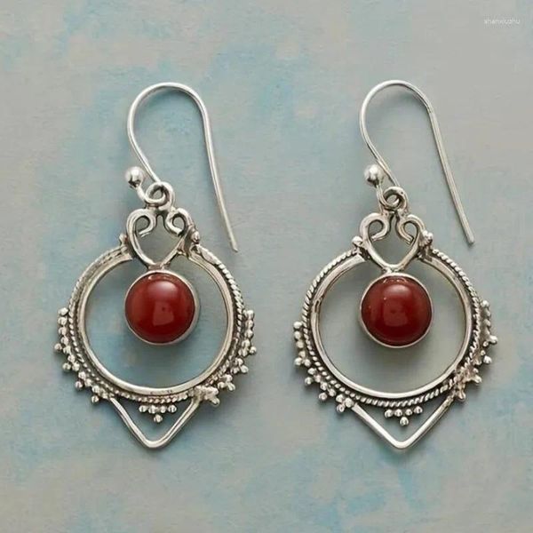 Orecchini doganici di colore argento etnico rotondo rosso pietra vintage geometria intagliata intaglio motivaggio per le donne gioielli