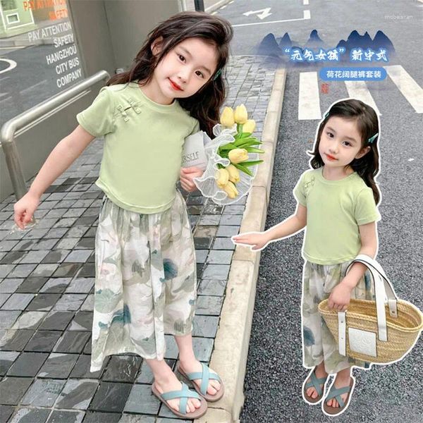 Roupas conjuntos de roupas meninas terno doce infantil cor sólida impressa calça larga de pernas larga verão moda moda casual solto 2 a 8 anos