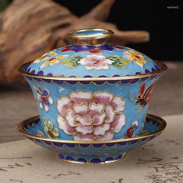 Conjuntos de Teaware Cloisonne tigela coberta de tigela de cesto de cesto de cesta e prato de alta qualidade Conjunto de chá de cobre roxo