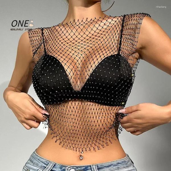 Tanques femininos de verão de verão Sexy Veja através do colete para mulheres brilhantes shinestone fishnet Hollow Out Crop Top Coverp Up Party Club Tanks