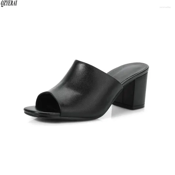 Hausschuhe Echte Leder europäischer Stil Frauen 5,5 cm mittelschwer Fisch Mund Sandalen Schuhe Größe 34-41