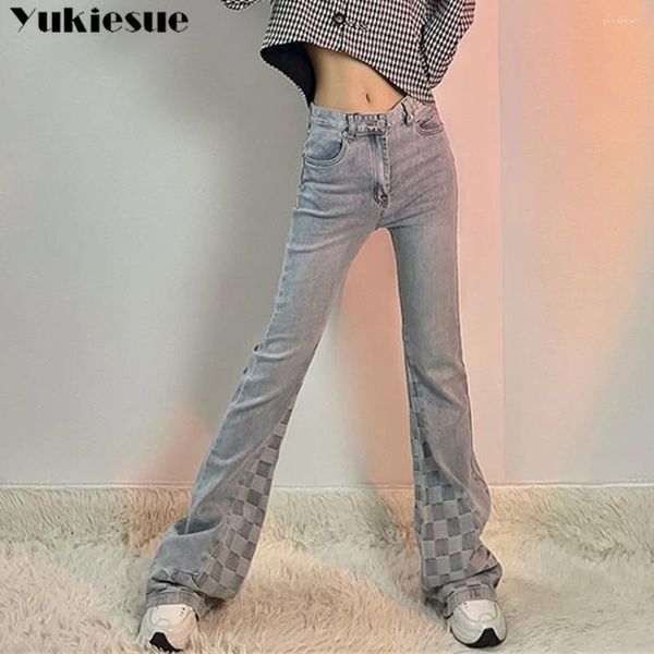 Frauen Jeans Frühling 2024 Damen Plaid Patchwork hohe Taille Frauen Flare Baggy Frau Denim Capris Hosen Jean Mom Hosen