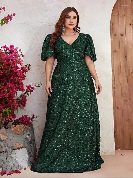 Abiti da festa Plus Size V Neck Short Short Green Long Evening Dress 4xl 5xl Big Banquet Shiny Elegant for Women