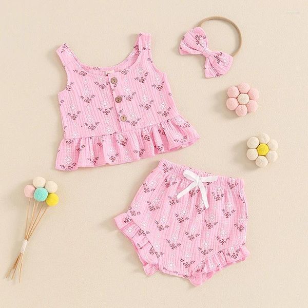 Roupas conjuntos de roupas infantil menina 3pcs roupas de verão sem mangas botões florais tampas de tampas