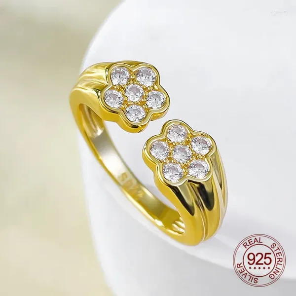 Clusterringe süßes zartes Doppelblumendesign klares kubisches Zirkongelgel Gelbgold 925 Sterling Silber Verstellbarer offener Ring