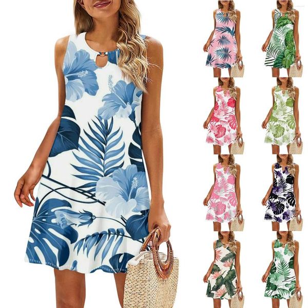 Vestidos casuais verão feminino engraçado tanque estampado vestido sem mangas Hollow out slim tipo praia vestidos de Fiesta