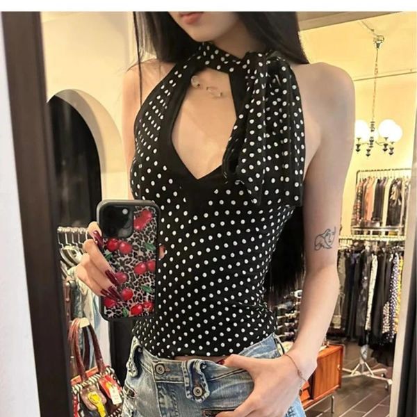 Frauen Tanks Französisch Polka Dot Halfter Weste Summer Sexy Mädchen Design hohl dünnen alles Vetement Femme Slim Fit Y2K Crop Top