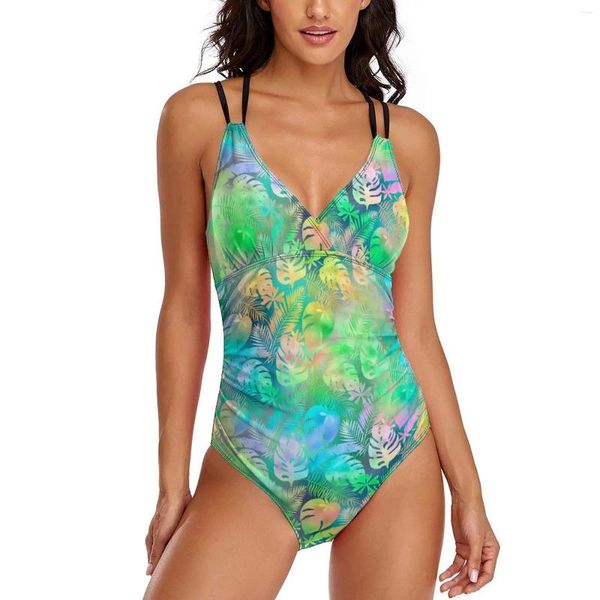 Palma de banho tropical de roupas de banho feminina folhas coloridas folhas de uma peça monokini sexy fitness praia de fitness wear plus size xxl