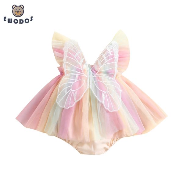 Ewodos Girls Girls Bodysut Dress Butterfly Wing Sleeve Sweet Tulle Princess Dresses Hem Salpsuits Roupas Bodysuits de bebê 240511