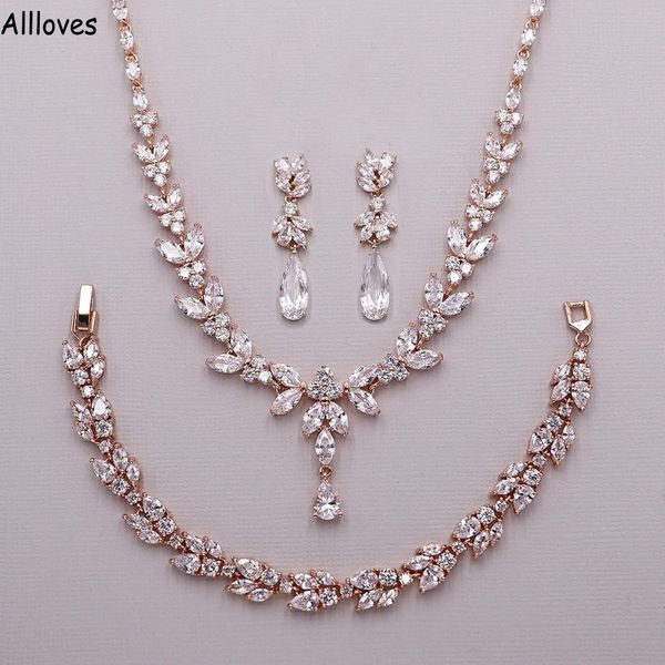 Orecchini da lacrima per le lacrima di gioielli da sposa zirconia cubica in oro rosa di lussuoso set di gioielli da sposa set di orecchini collana 2994