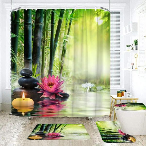 Duschvorhänge Zen Green Bambus Buddha Vorhang Set Set Nicht-Schlupf-Teppich Toilettenabdeckung Bademattenmatten Blumen Garten Landschaft Teppich Badezimmerdekoration