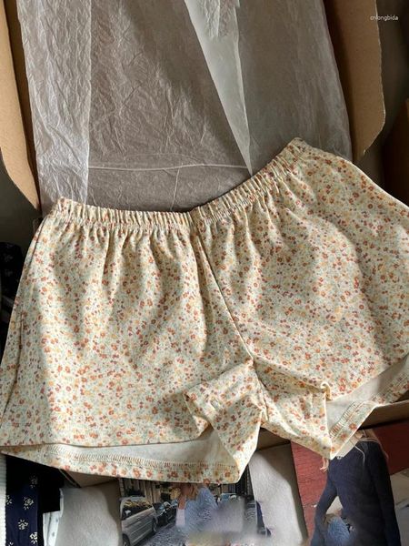 Frauenshorts gelbe Blumen geradeaus Sommer Elastiz Taille Baumwolle lässig Kurzes Hosen süßes Mädchen Haus Unterwäsche Vintage Frau Hosen