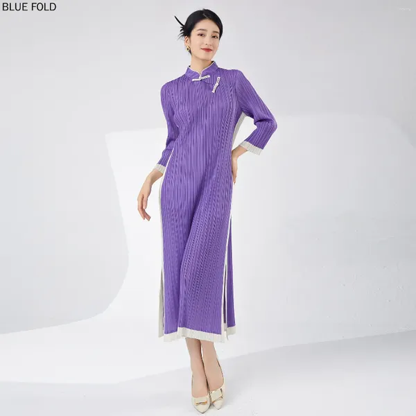 Vestidos casuais miyake vestido roxo estilo chinês feminino 2024 primavera retro versão melhorada cheongsam plissou