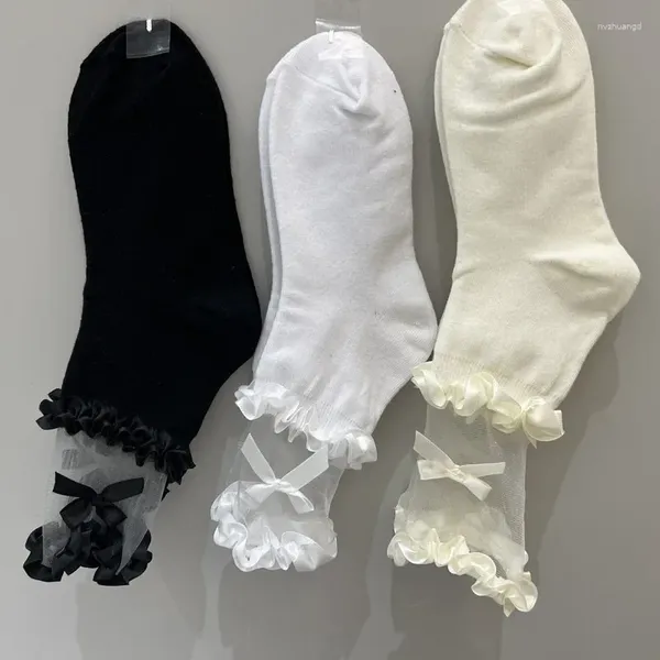 Frauen Socken 1/3pairs lolita jk schwarze weiße Spitze süße Mädchen Bowknotstrümpfe Streetwear Harajuku Rüffelle Baumwollmitte der Röhrensocke