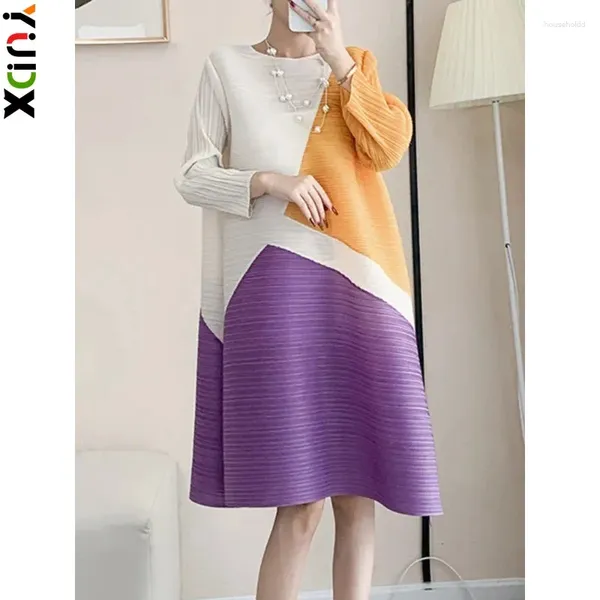 Sıradan Elbiseler Yudx Miyake Renk Bloğu Kadınlar için Gevşek Pileli Elbise O boyun boyunlu uzun kollu Baskı Kadın Zarif Giyim 2024 Bahar