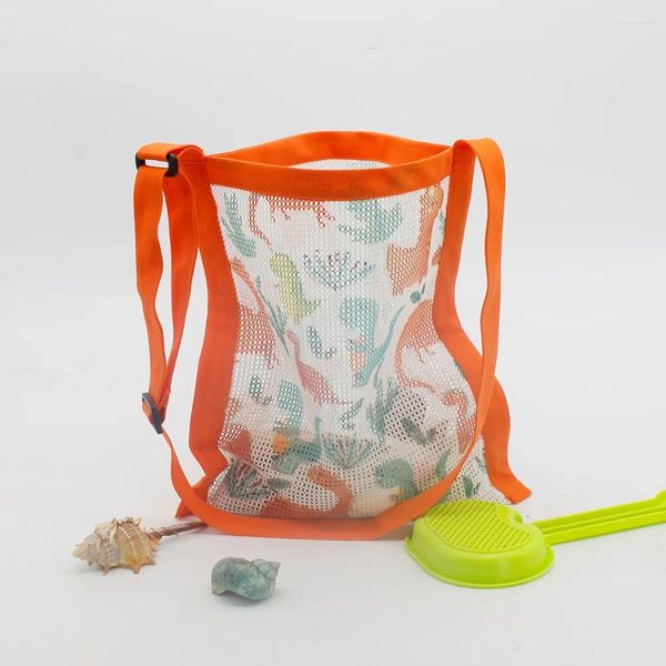 Aufbewahrungstaschen Cartoon bedruckte Mesh Beach Bag für Kinder Kinder tragbare Spielzeuge Shell Collector Organizer Falten Sie ultraleicht